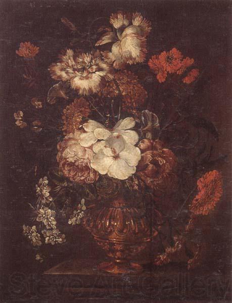 unknow artist Still life of Roses,Carnations,Daisies,peonies and convulvuli in a gilt vase,upon a stone ledge